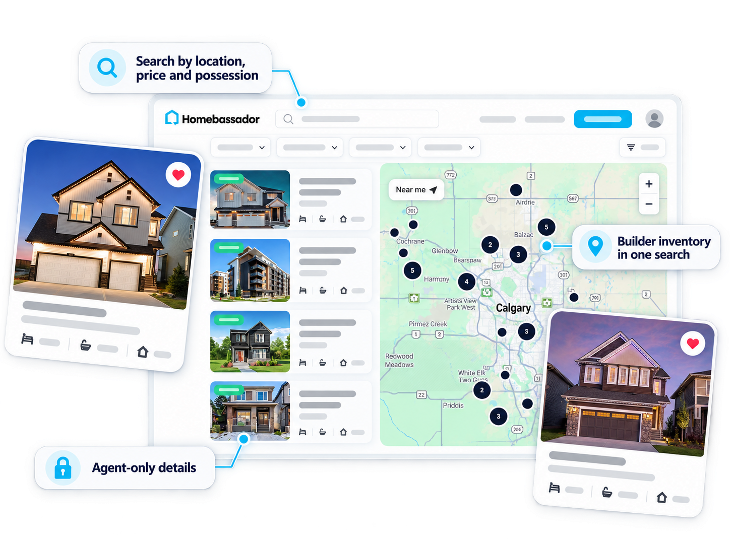 Homebassador builder inventory search showing map results and filters for location, price, and possession